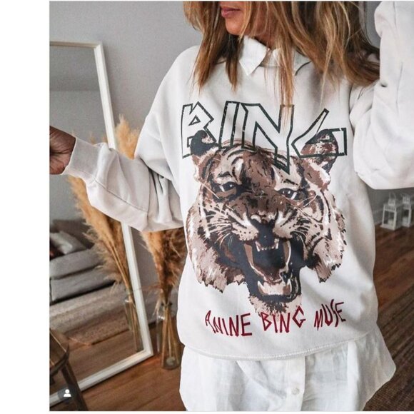 Anine Bing Muse Sweatshirt Tiger Graphic in Stone Sz L - Picture 2 of 8